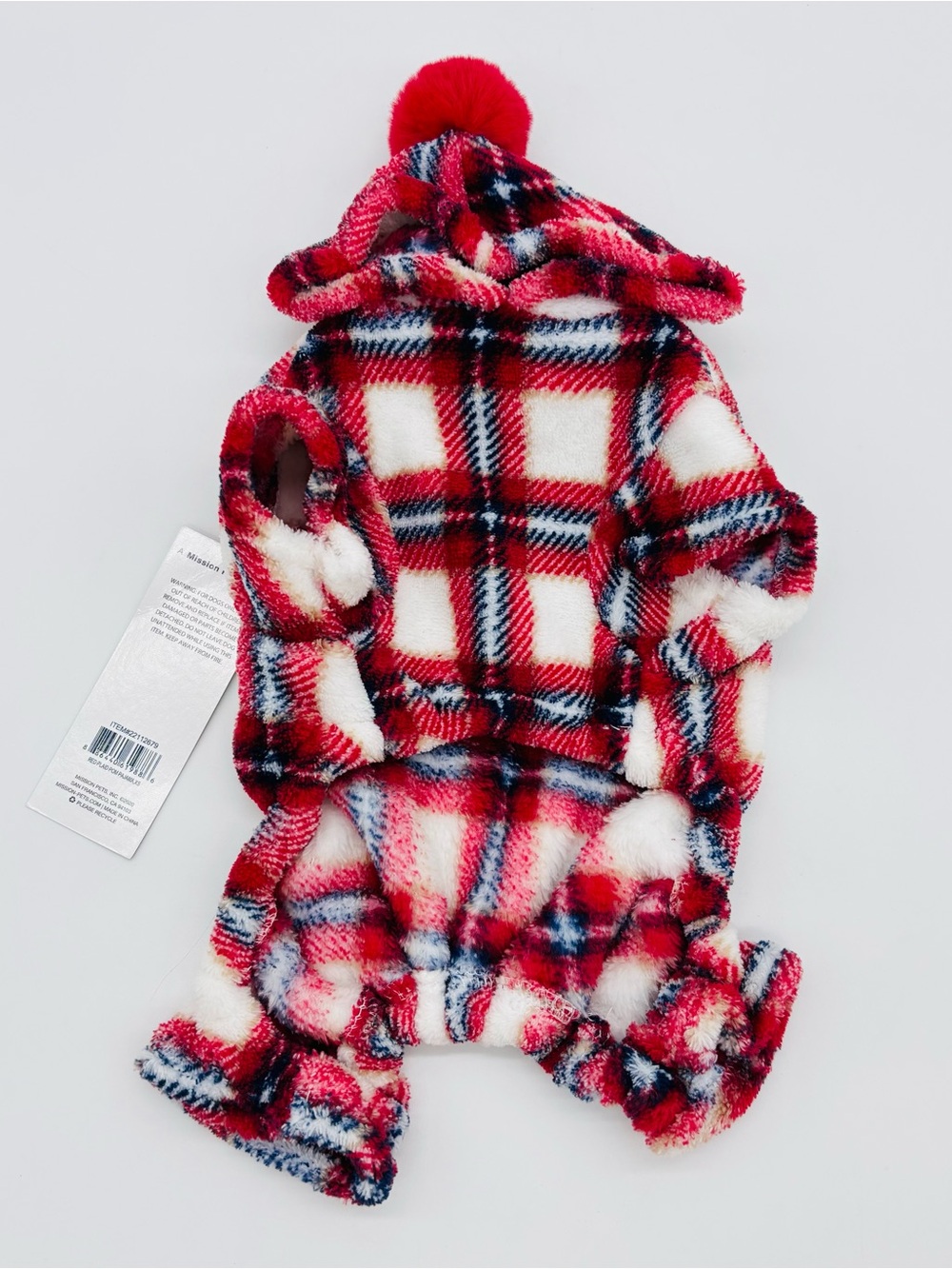 Wag A Tude Dog Pajamas XS Red Plaid Plush Hooded Pom Pom Pet Fleece Sleeper NWT